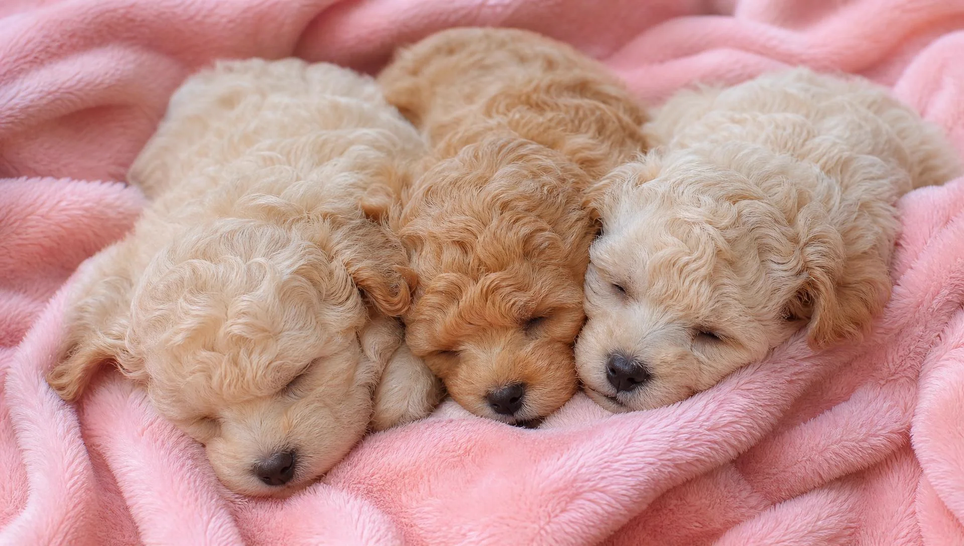 Litter of fluffy poodle puppies snuggling together
