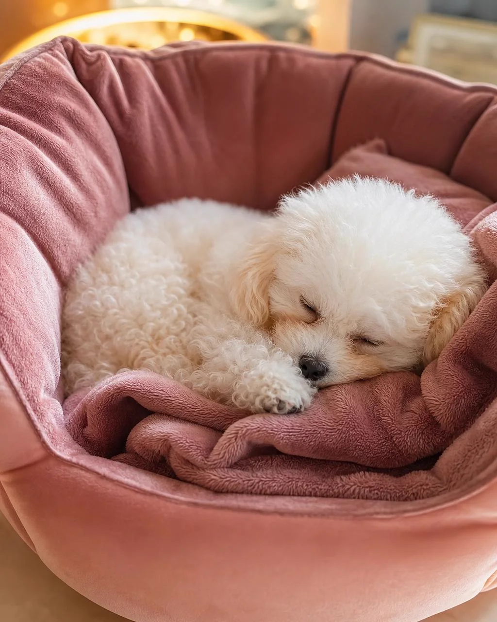 Fluffy white puppy in a cozy pink bed