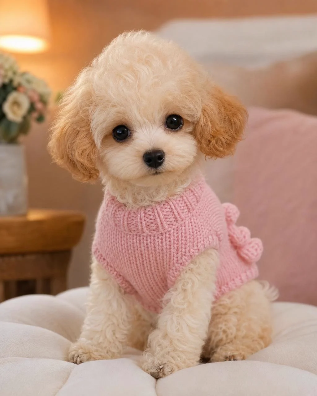 Puppy wearing a pink knit sweater from Lu's Pups